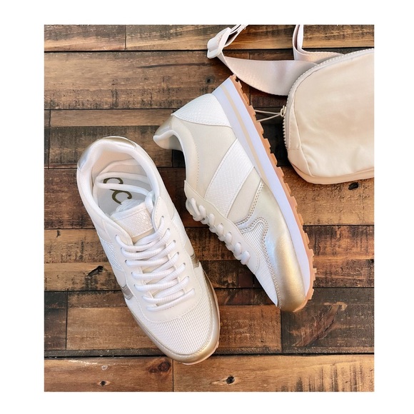 Monochromatic Metallic Champagne Retro Runner Sneakers - Picture 4 of 12